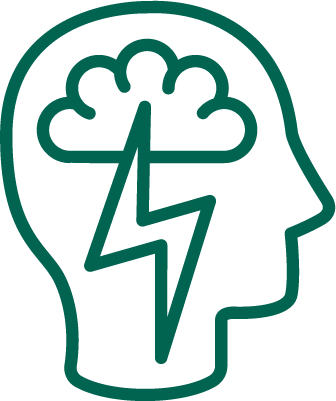 green icon of head with cloud and lightening bolt in the head