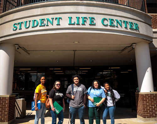 group of students in front of the student life center