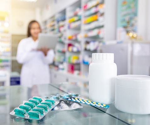 close up of medication in a pharmacy