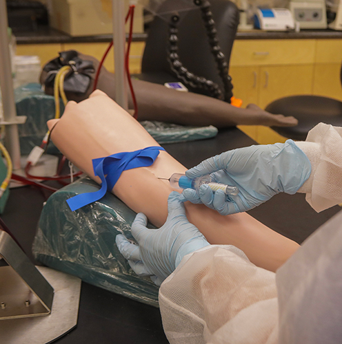students setting up an IV on a practice dummy