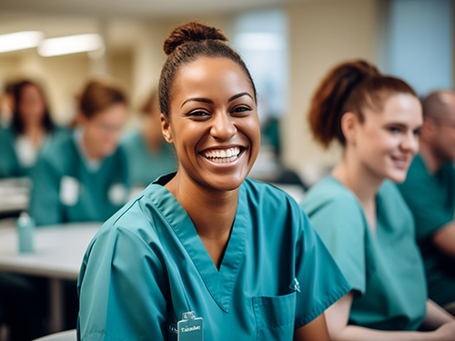 nursing aid smiling in a large classroom