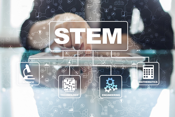 "STEM" with icons for science, technology, engineering and mathematics