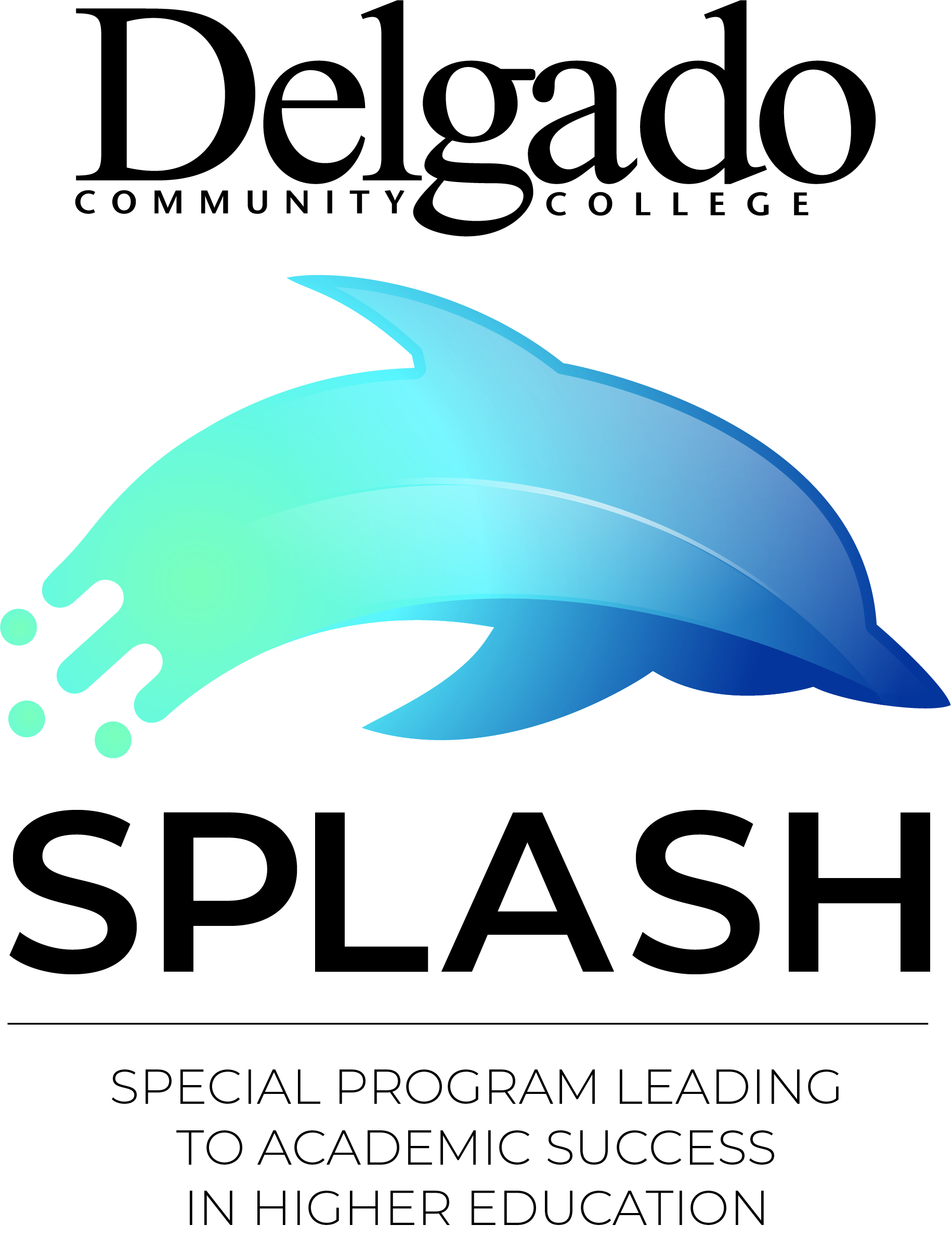 blue dolphin with Delgado logo and SPLASH: Special program Leading to Academic Success in Higher Education 