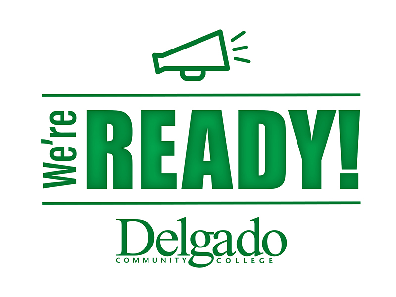 We're ready logo with megaphone icon and Delgado logo