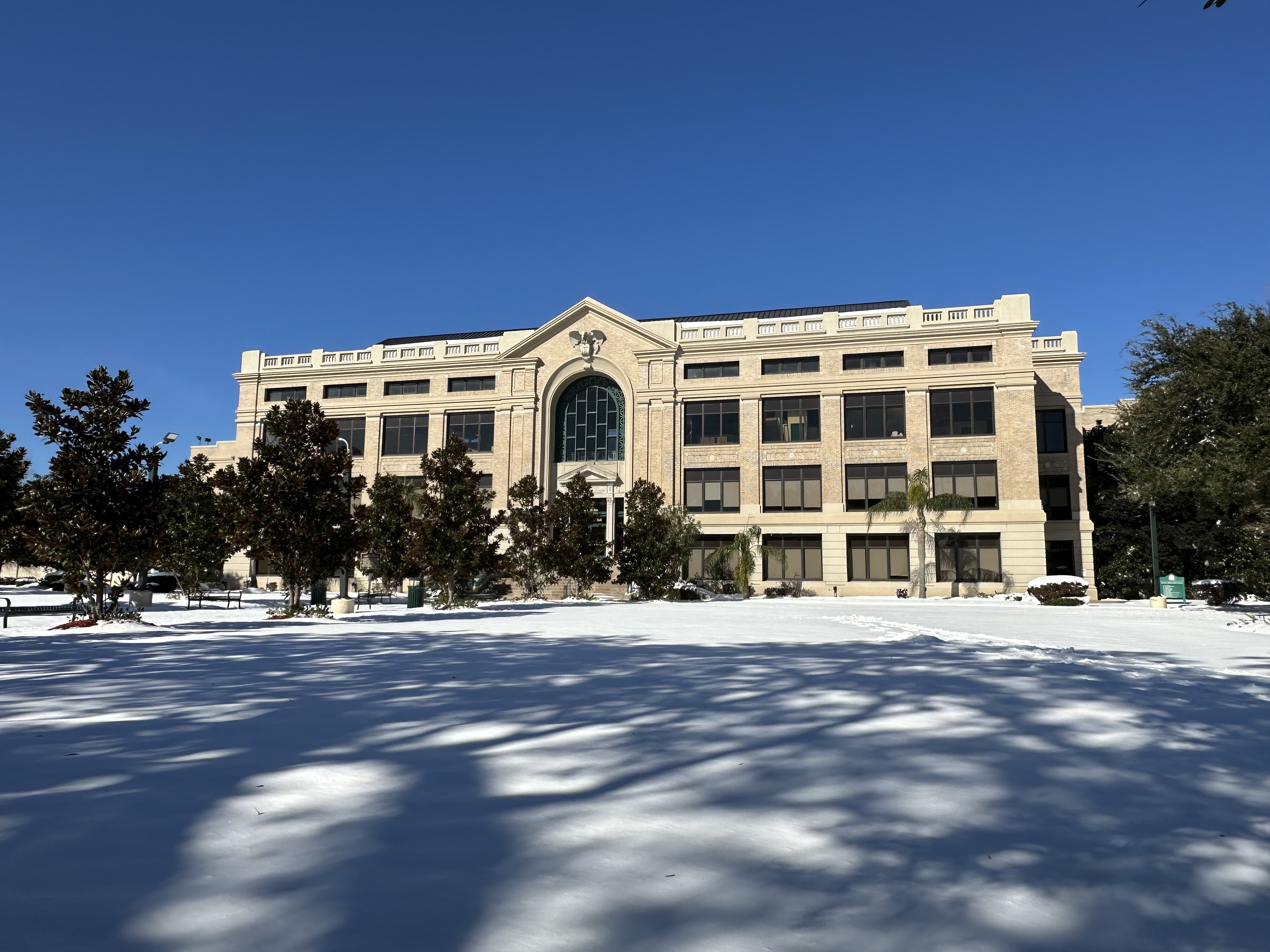 Isaac Delgado Hall with snow