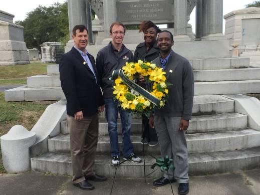 Pictured, from left, are Delgado alumni Michael Toups, Tyler Scheuermann, Jeannie Brown and Kenya Jackson at the Delgado family tomb in Metairie Cemetery.