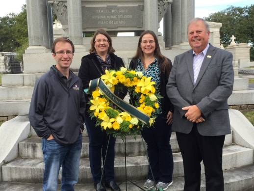 Pictured, from left, are Delgado Institutional Advancement staff members Tyler Scheuermann, Leslie Salinero, Elaine Broussard and Tony Cook at the Delgado family tomb in Metairie Cemetery.