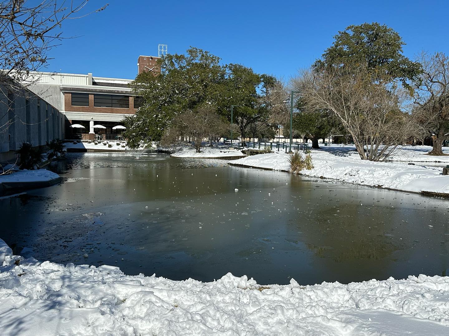 City Park Campus quad pond with snow