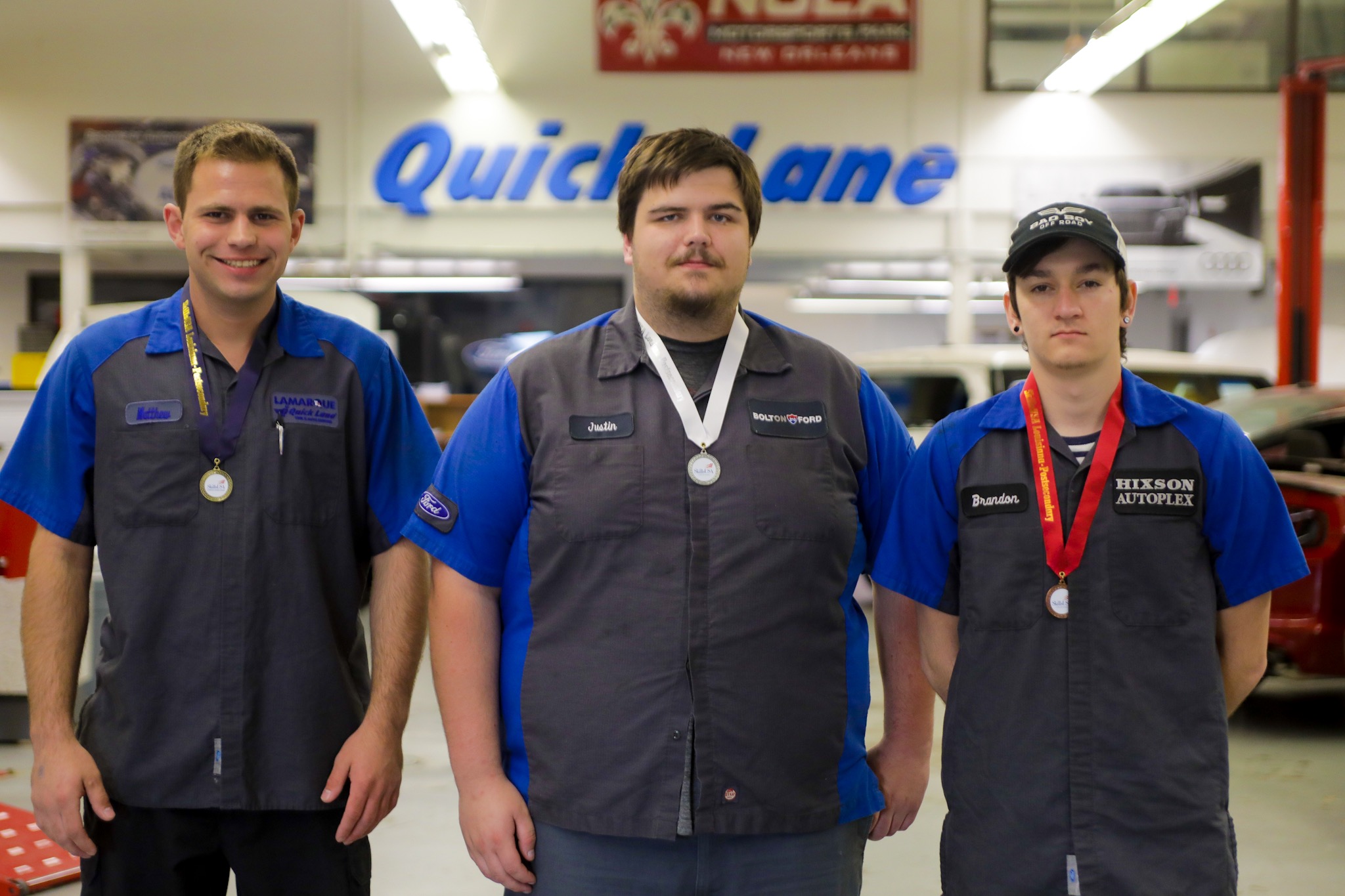 The three Louisiana SkillsUSA Automotive Service Technology competition medalists from Delgado Community College, from left: Matthew Lugo (gold medalist), Juston Fruge (silver medalist), Brandon Lefebvre (bronze medalist). All three are Ford ASSET students in the Delgado Motor Vehicle Technology program.