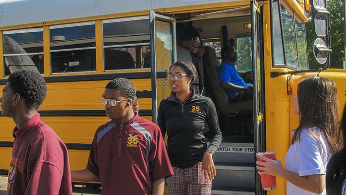 Students from McDonogh 35 High School in New Orleans arrive at Delgado Jefferson for Technical Skills Expo 2018.