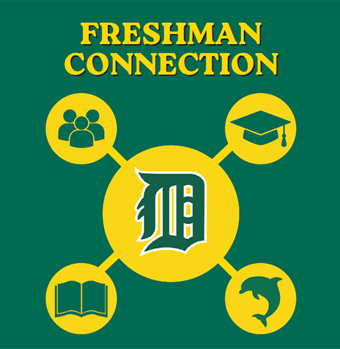 Freshman connection with graduation cap, dolphin, book & people icons