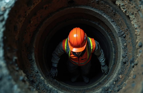 Worker with orange helmet and vest in a dark tunnel shaft